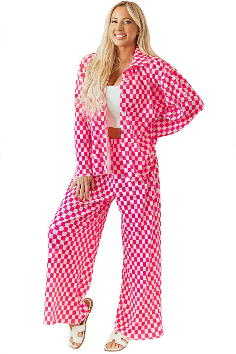 Pink Checkered Buttoned Shirt and High Waist Trousers Pajama Set eAura