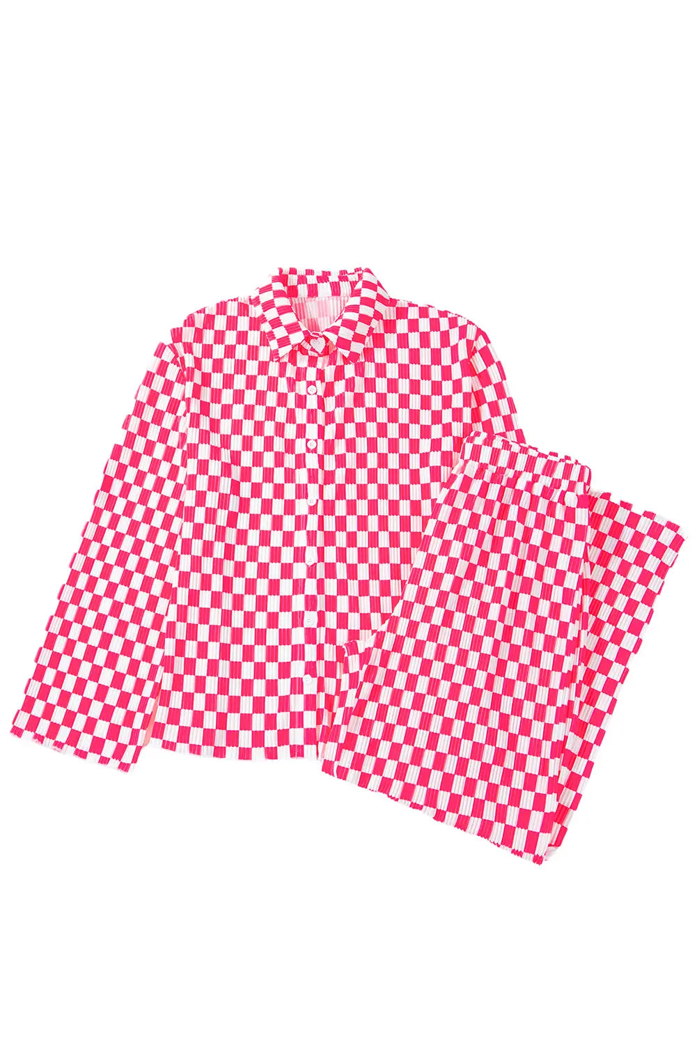 Pink Checkered Buttoned Shirt and High Waist Trousers Pajama Set eAura