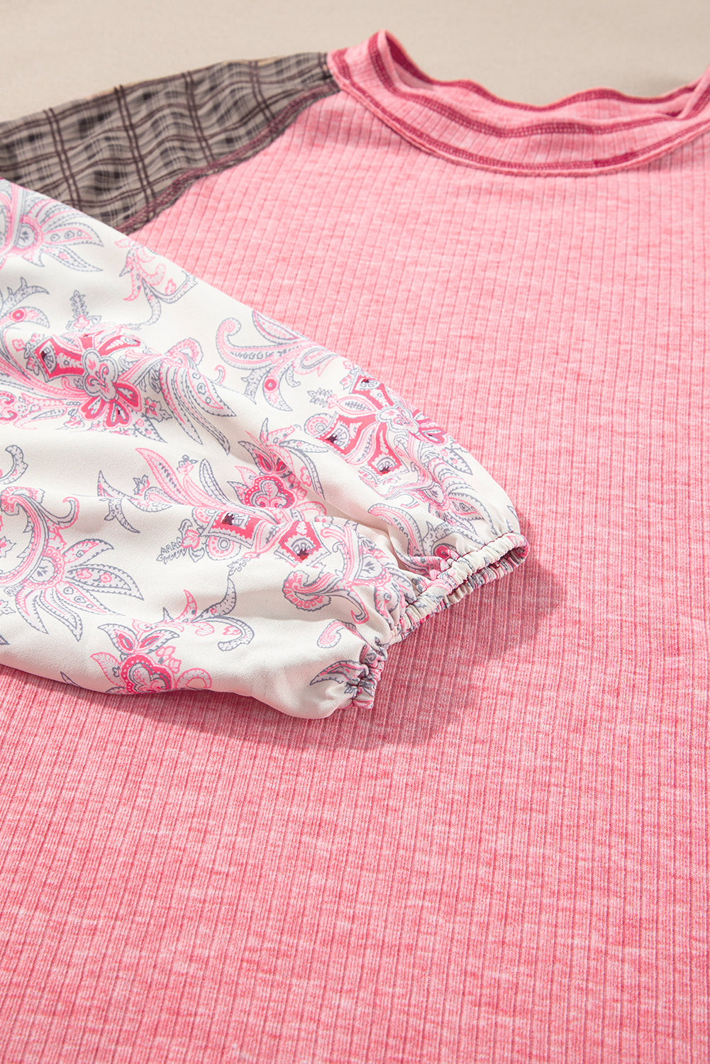 Pink Checkered Paisley Patchwork Raglan Sleeve Seamed Plus Size Top - eAura