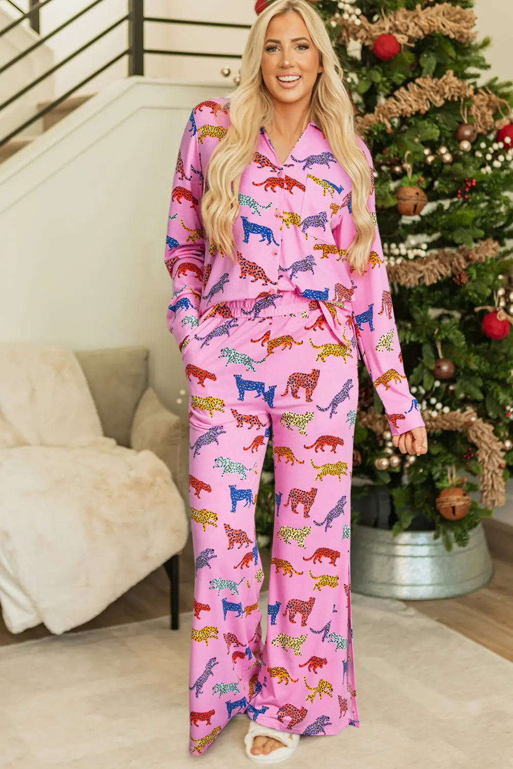 Pink Cheetah Print Shirt and Trousers Pyjama Set eAura