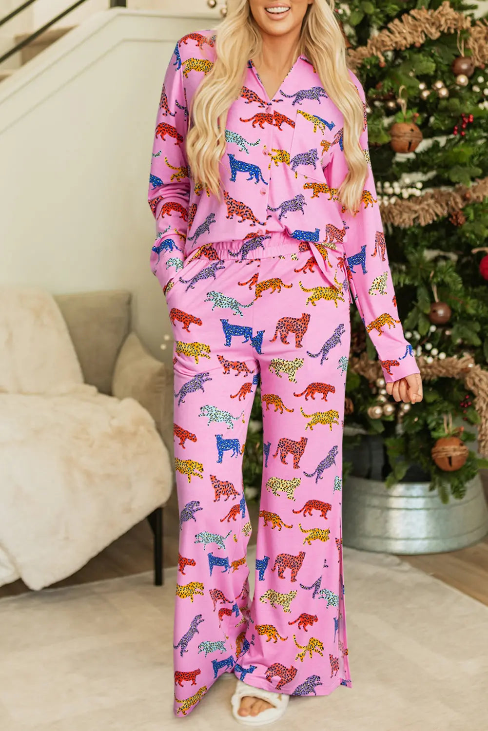 Pink Cheetah Print Shirt and Trousers Pyjama Set eAura