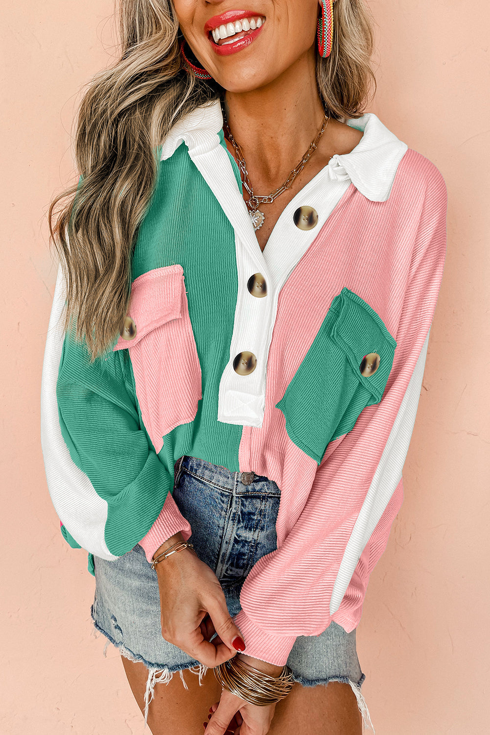 Pink Colourblock Ribbed Collared Oversized Sweatshirt - PINK / S / 95% POLYESTER + 5% ELASTANE - Tops/Sweatshirts &