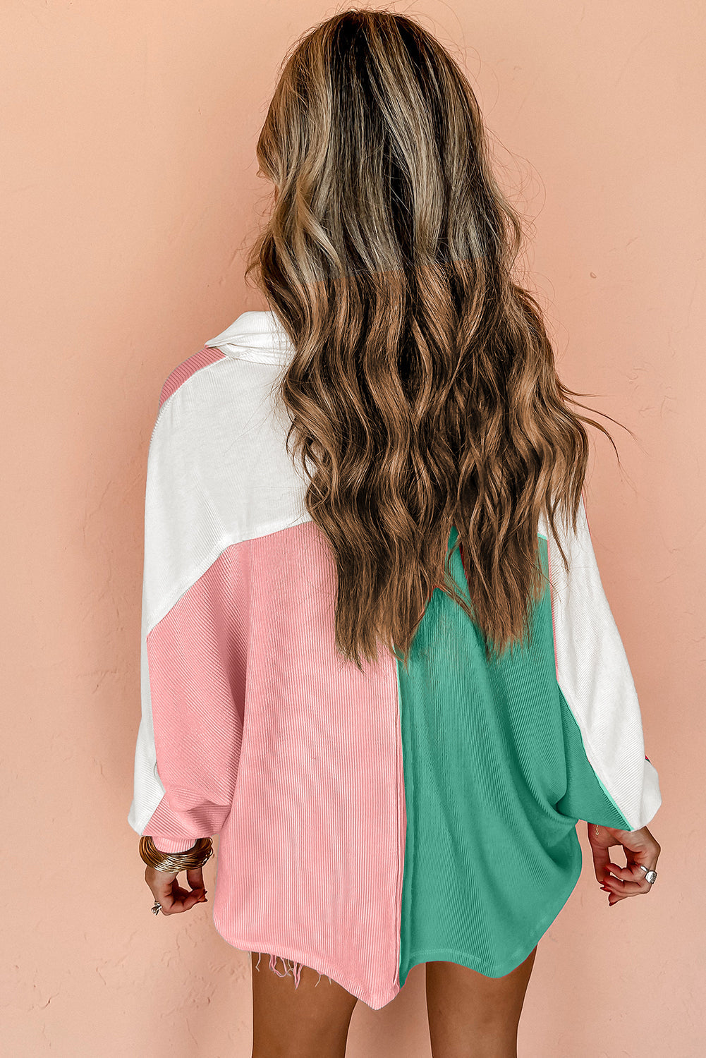 Pink Colourblock Ribbed Collared Oversized Sweatshirt - eAura