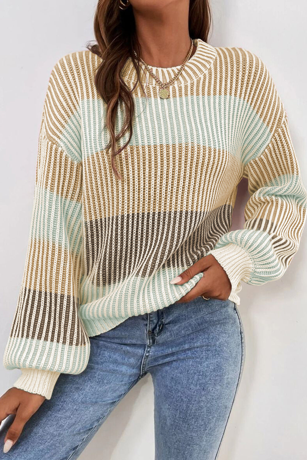 Pink Colourblock Textured Knit Bubble Sleeve Sweater - BROWN / S / 60% COTTON + 40% ACRYLIC - Sweaters &