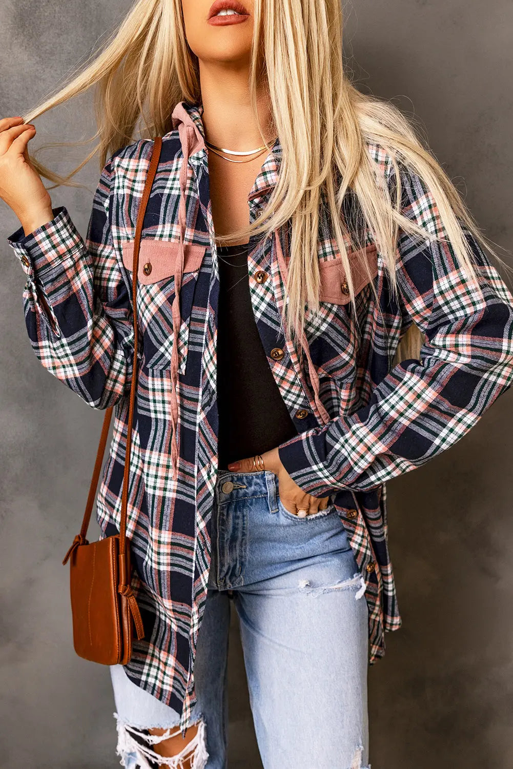 Pink Contrast Hooded Drawstring Plaid Shacket eAura