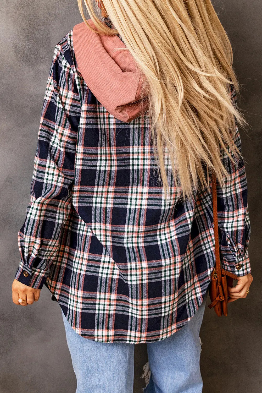 Pink Contrast Hooded Drawstring Plaid Shacket eAura
