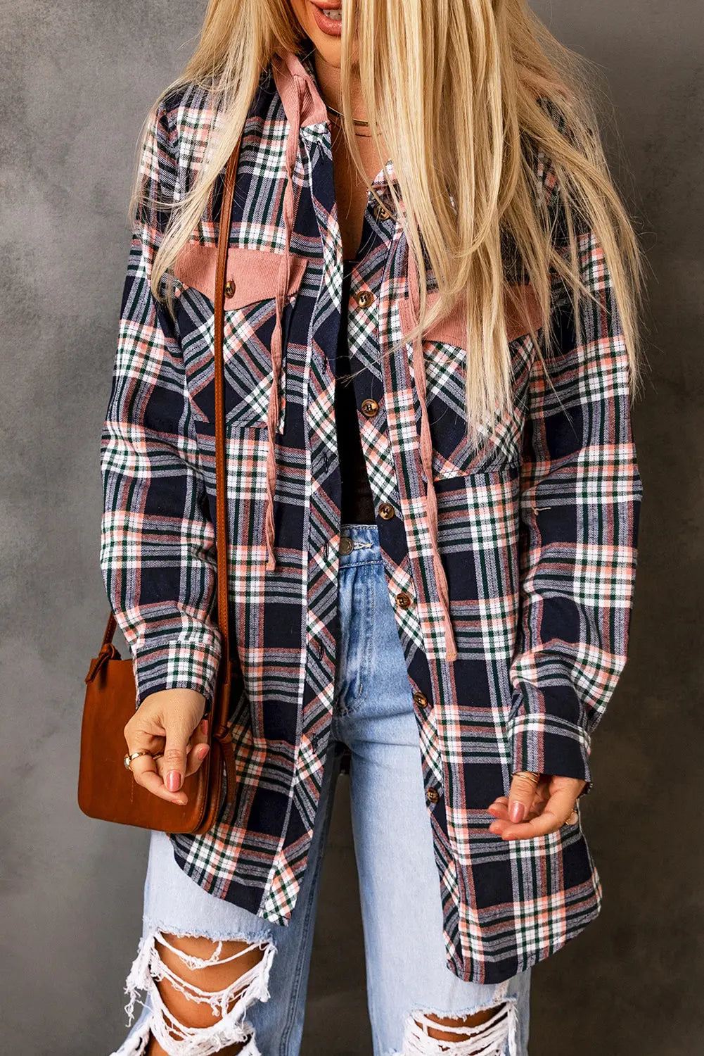 Pink Contrast Hooded Drawstring Plaid Shacket eAura