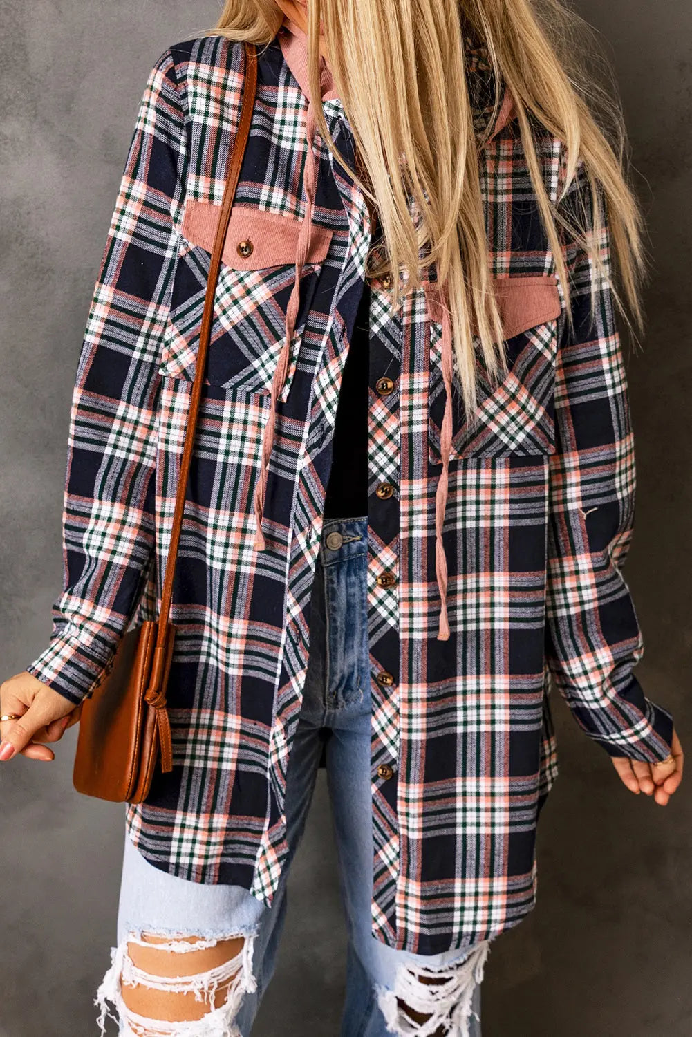 Pink Contrast Hooded Drawstring Plaid Shacket eAura