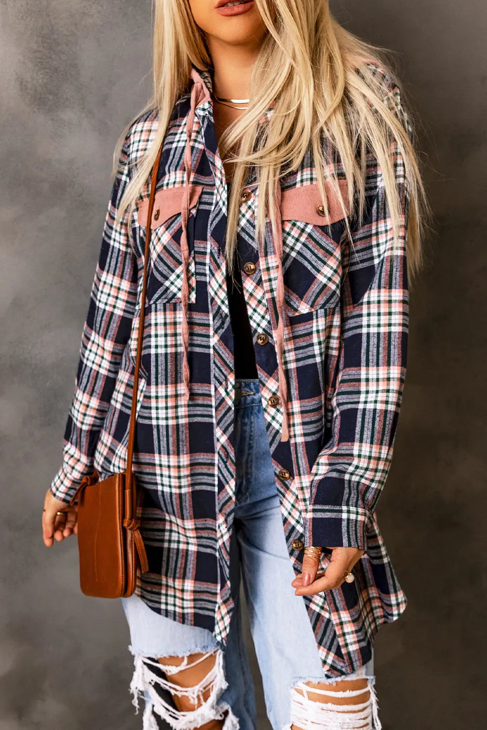 Pink Contrast Hooded Drawstring Plaid Shacket eAura