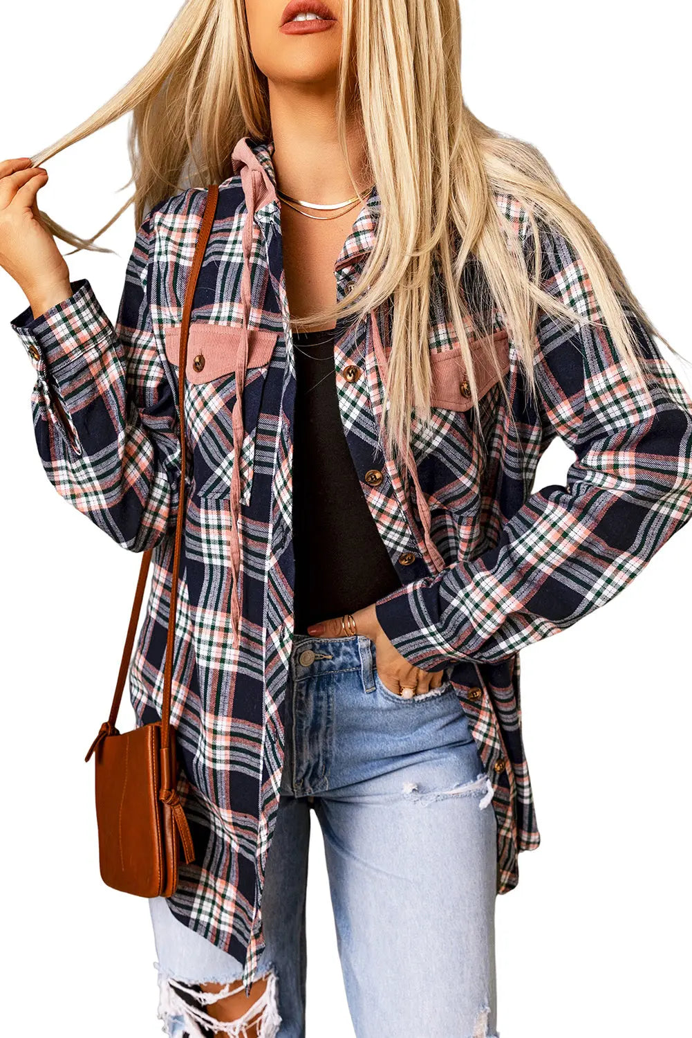 Pink Contrast Hooded Drawstring Plaid Shacket eAura