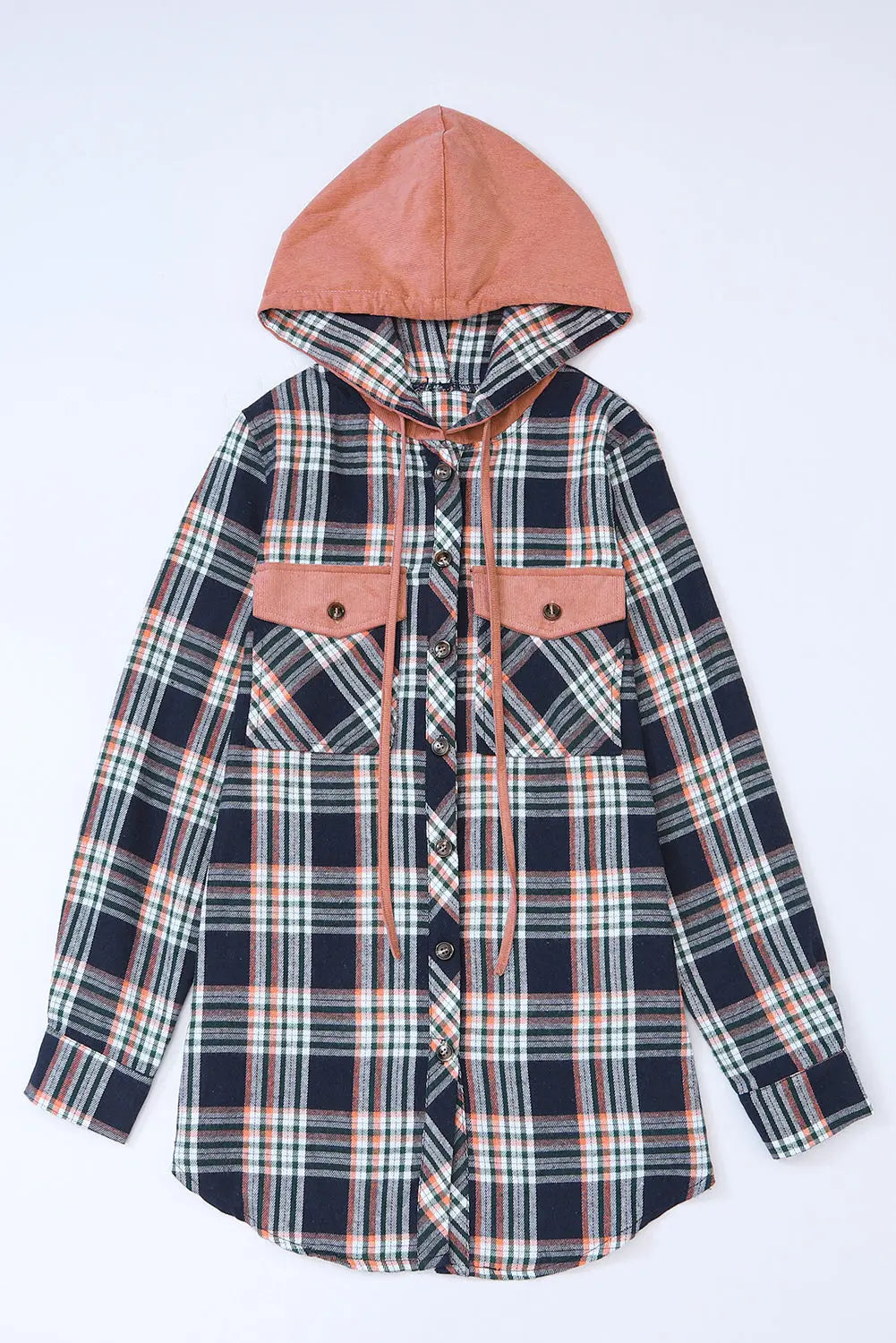 Pink Contrast Hooded Drawstring Plaid Shacket eAura