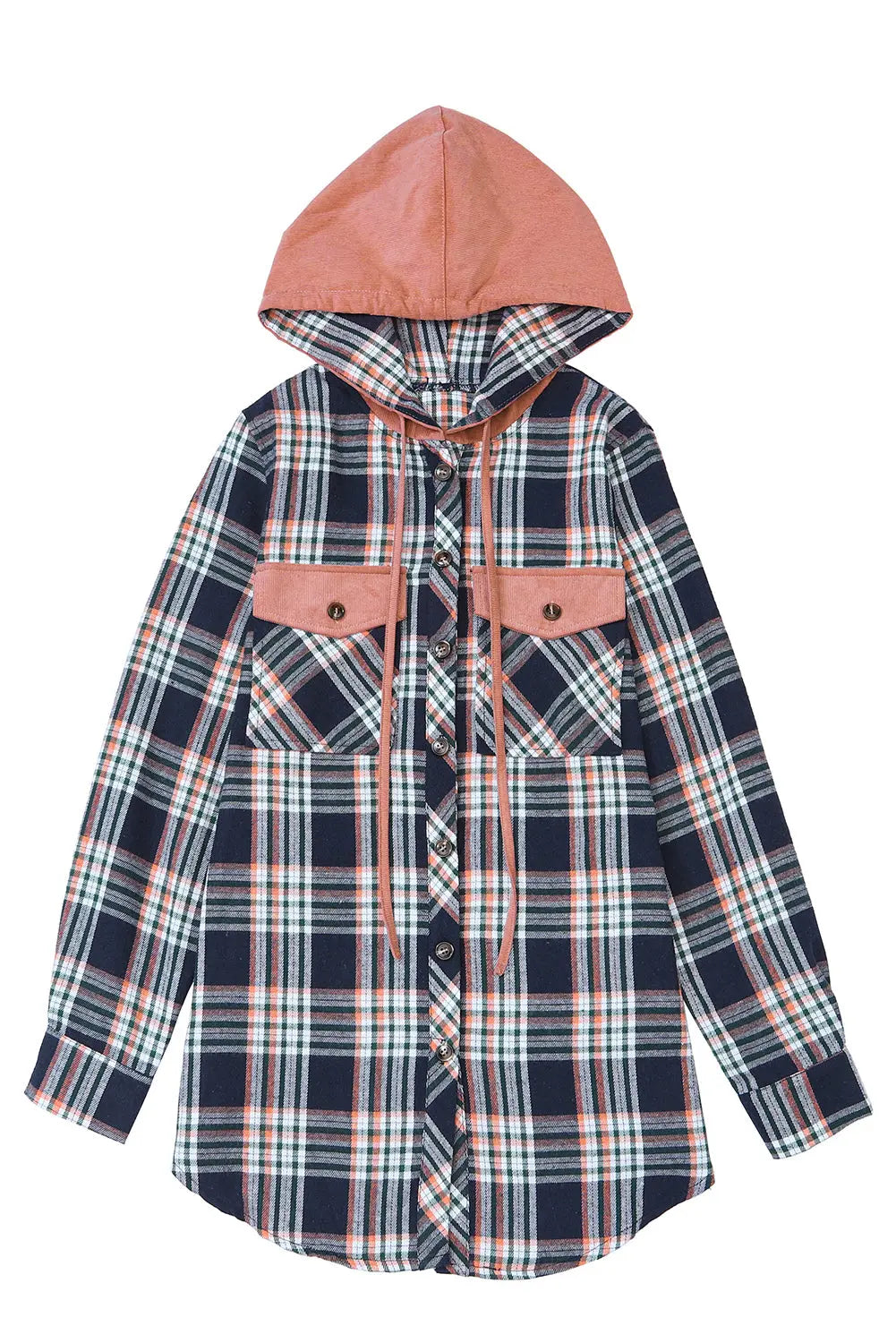 Pink Contrast Hooded Drawstring Plaid Shacket eAura