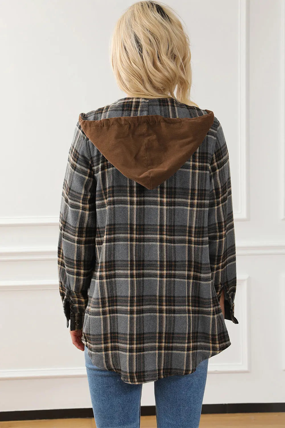 Pink Contrast Hooded Drawstring Plaid Shacket eAura