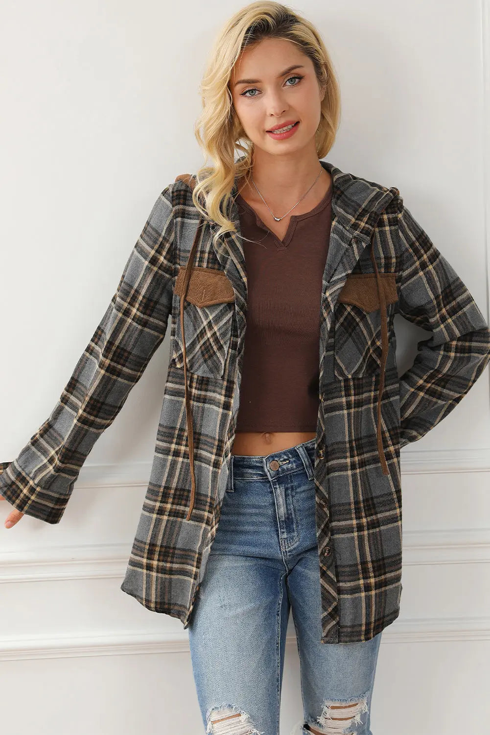 Pink Contrast Hooded Drawstring Plaid Shacket eAura