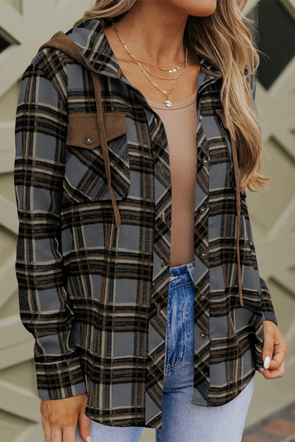 Pink Contrast Hooded Drawstring Plaid Shacket eAura
