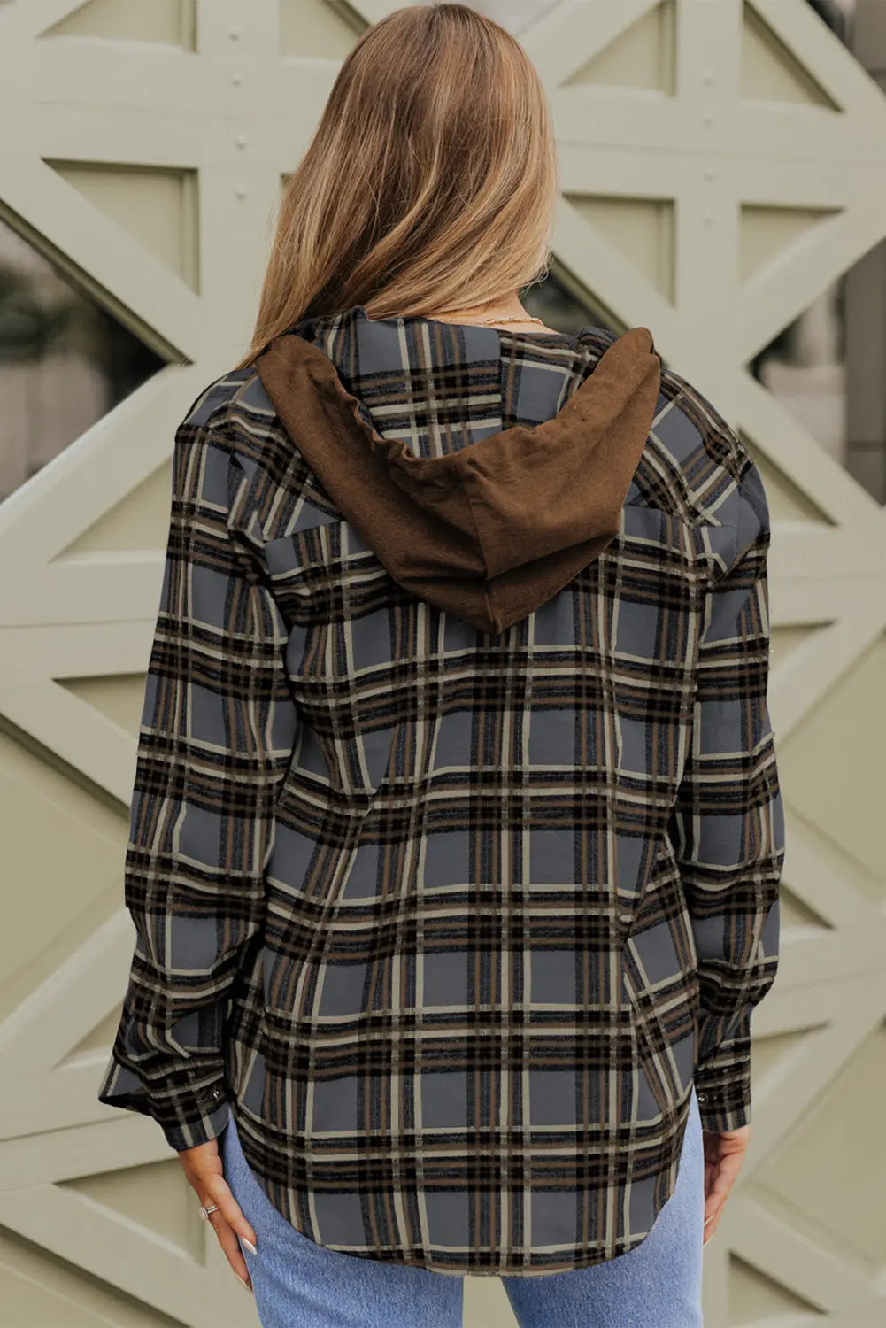 Pink Contrast Hooded Drawstring Plaid Shacket eAura