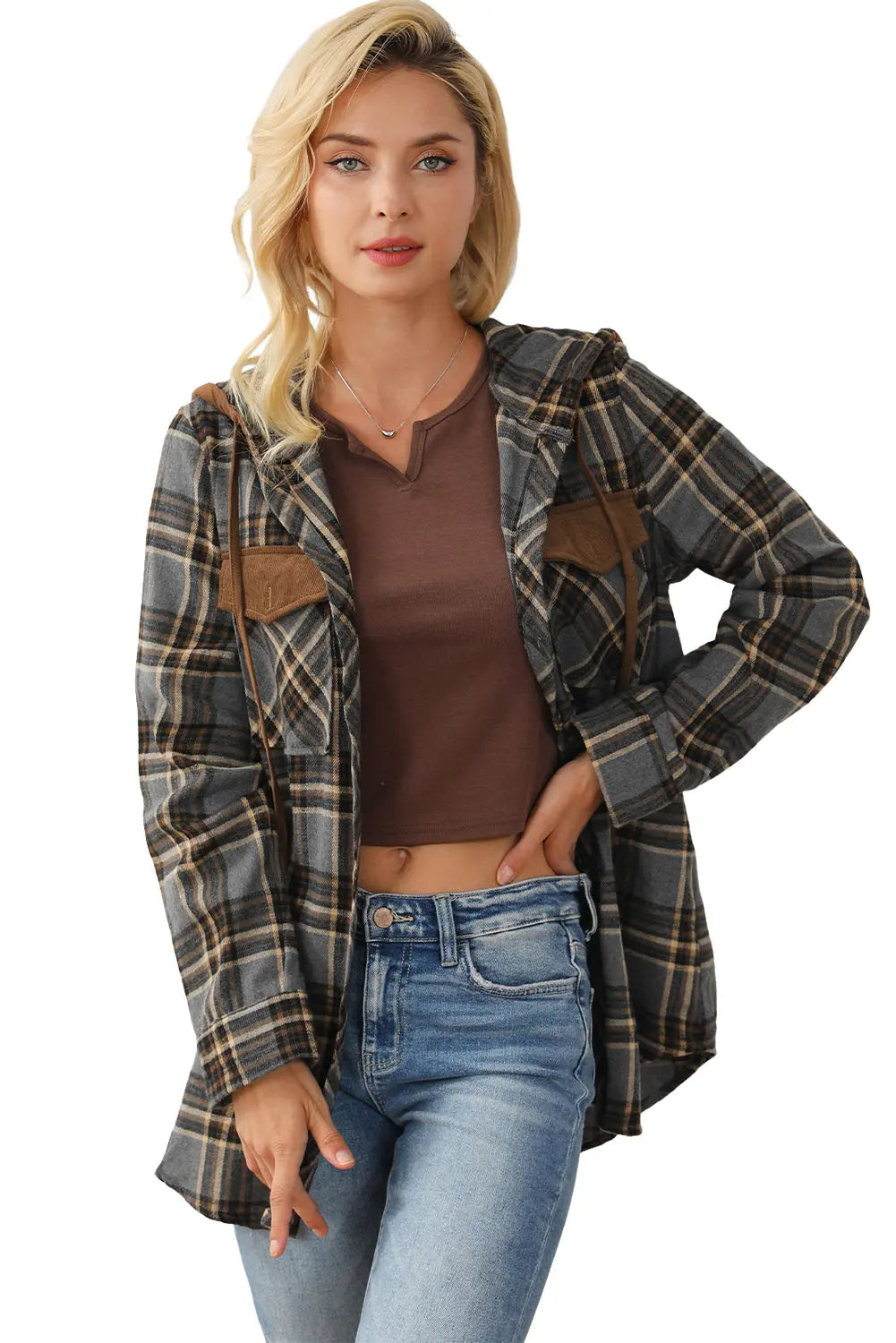 Pink Contrast Hooded Drawstring Plaid Shacket eAura