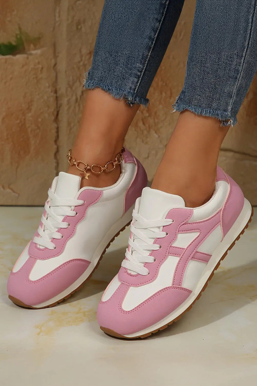 Pink Contrast Lace Up Round Toe Trainers - eAura