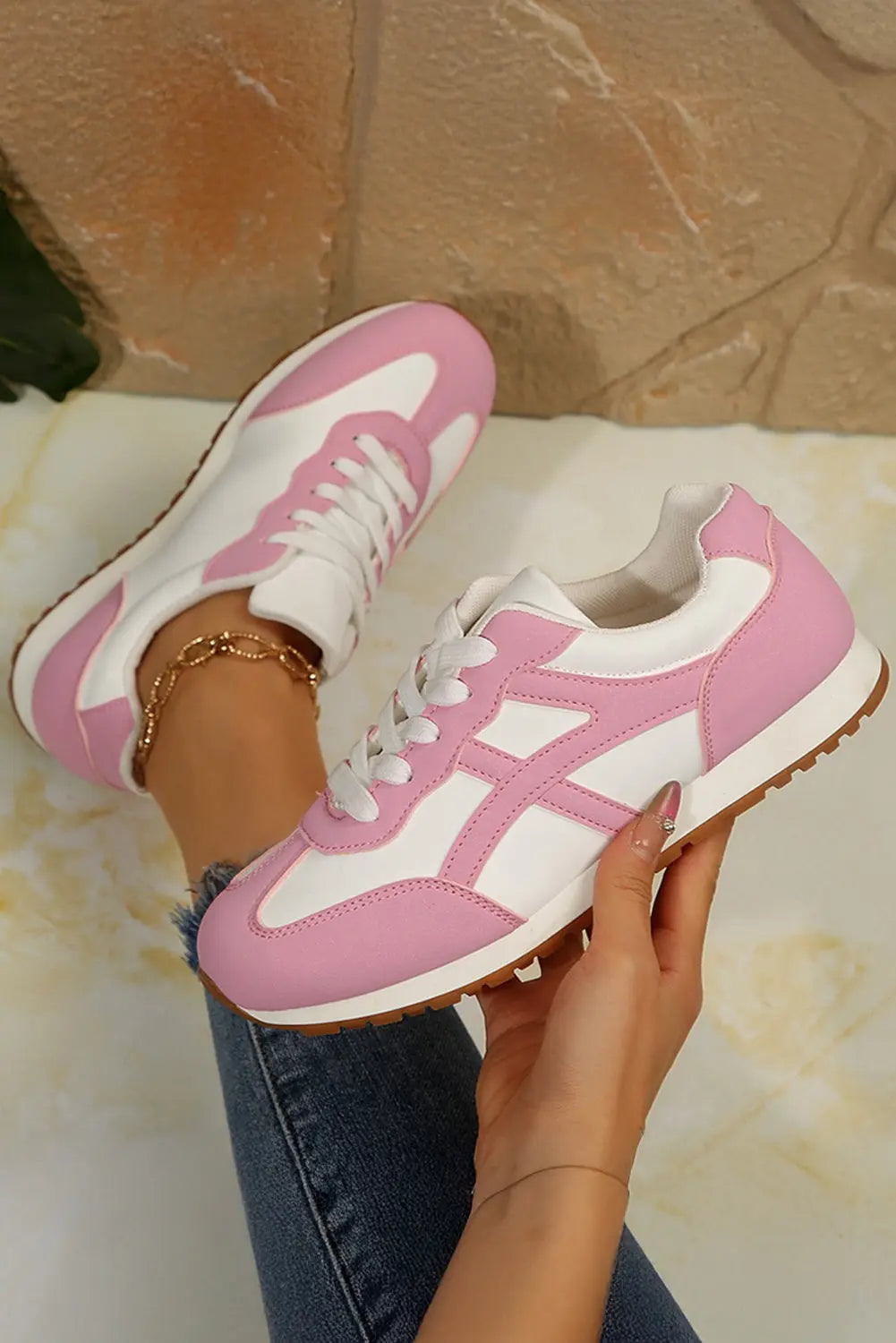 Pink Contrast Lace Up Round Toe Trainers - eAura