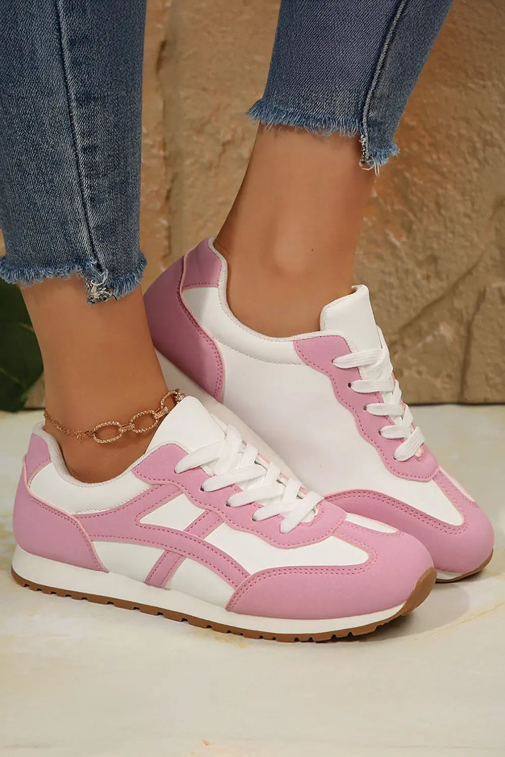 Pink Contrast Lace Up Round Toe Trainers - eAura