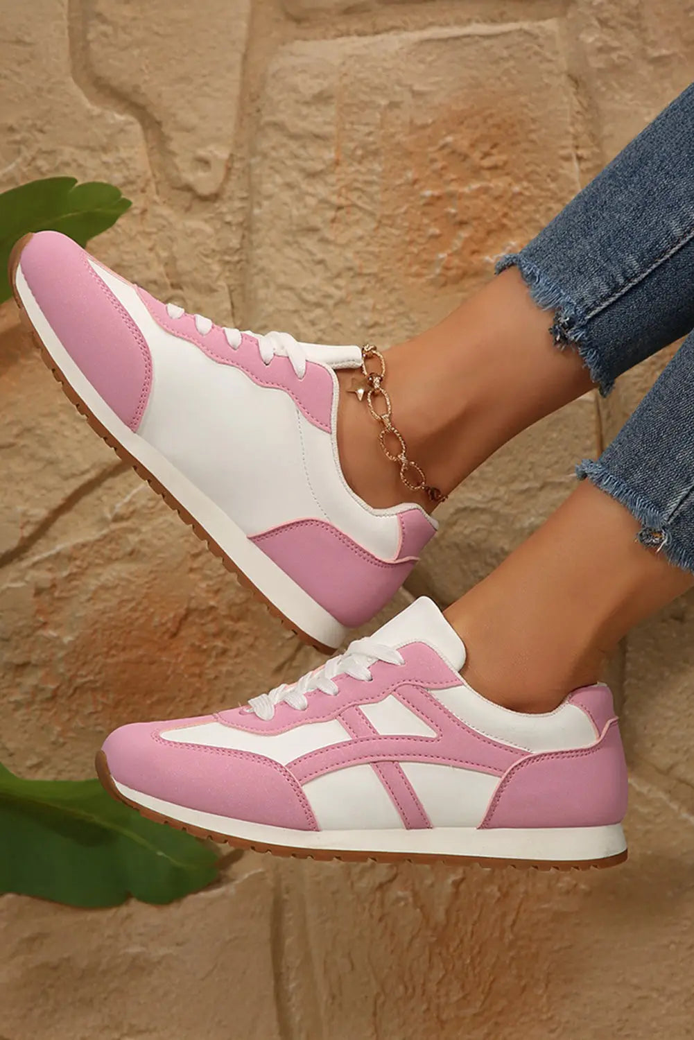 Pink Contrast Lace Up Round Toe Trainers - eAura