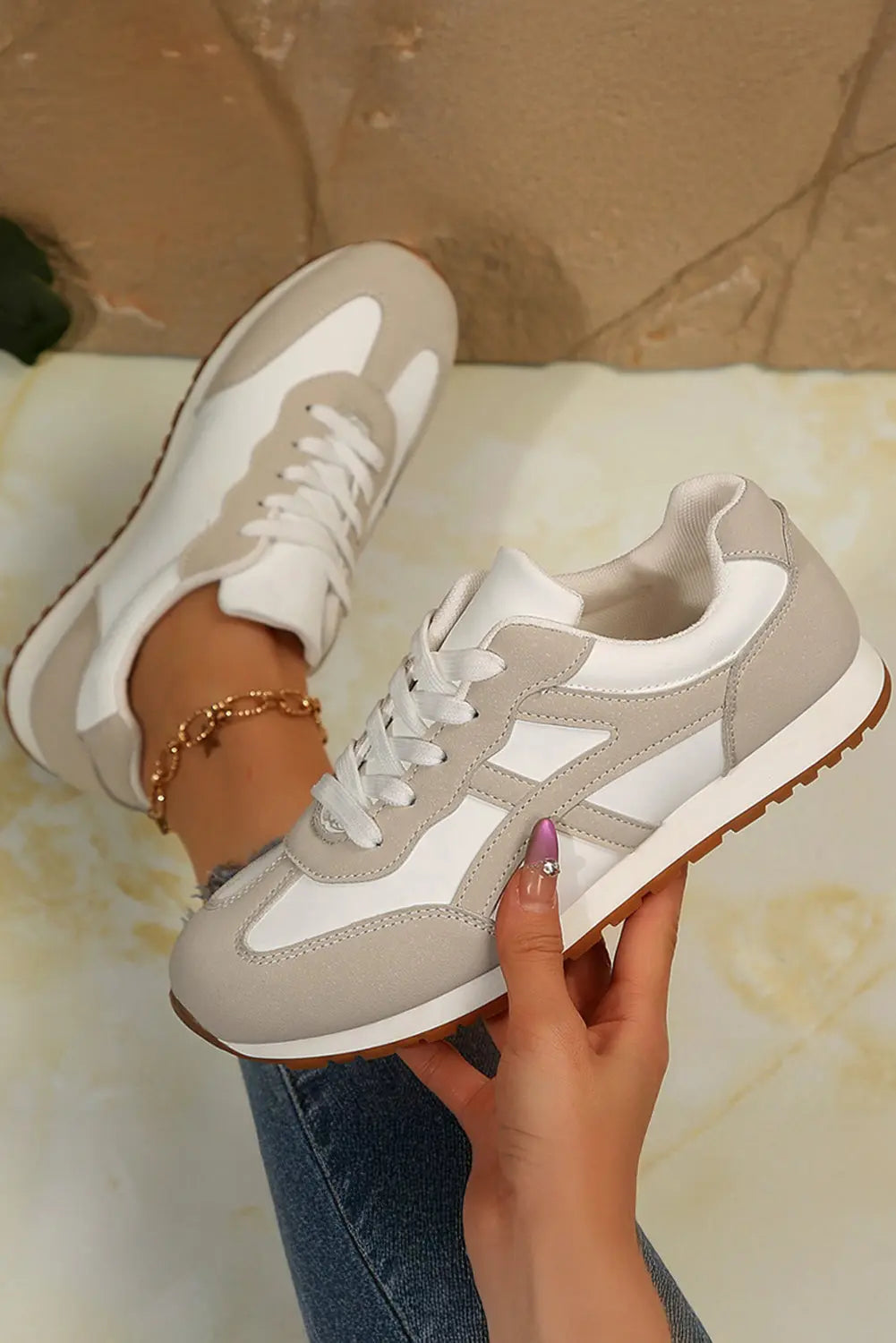 Pink Contrast Lace Up Round Toe Trainers - eAura