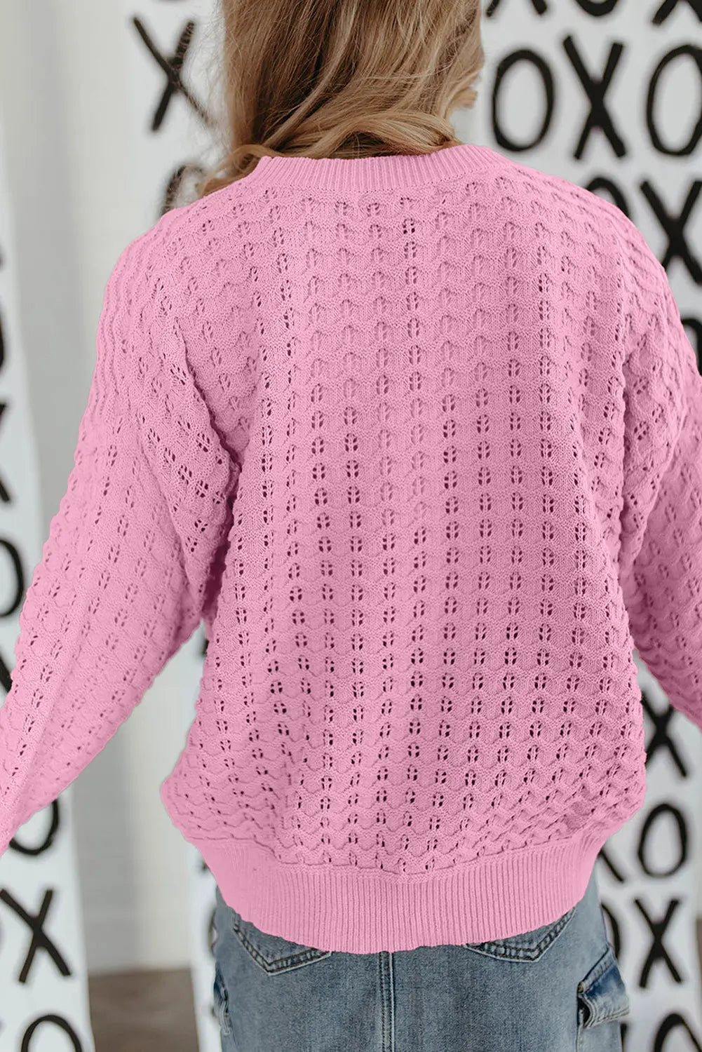 Pink Crochet Knit Drop Shoulder Sweater Beagle Boutique Fashion Outlet