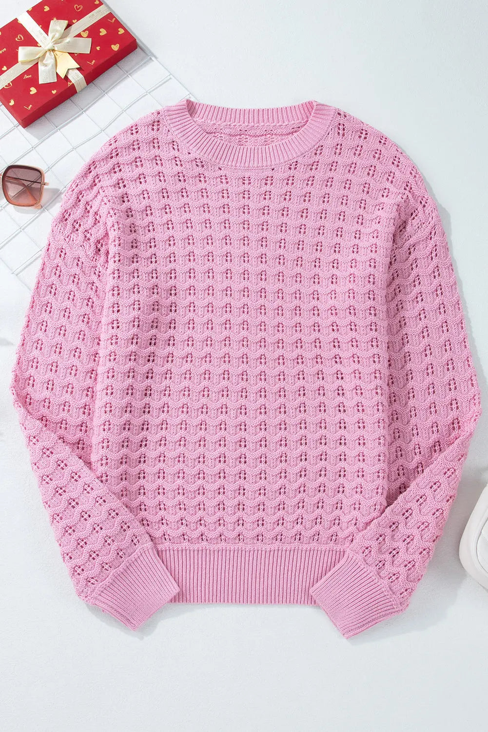 Pink Crochet Knit Drop Shoulder Sweater Beagle Boutique Fashion Outlet