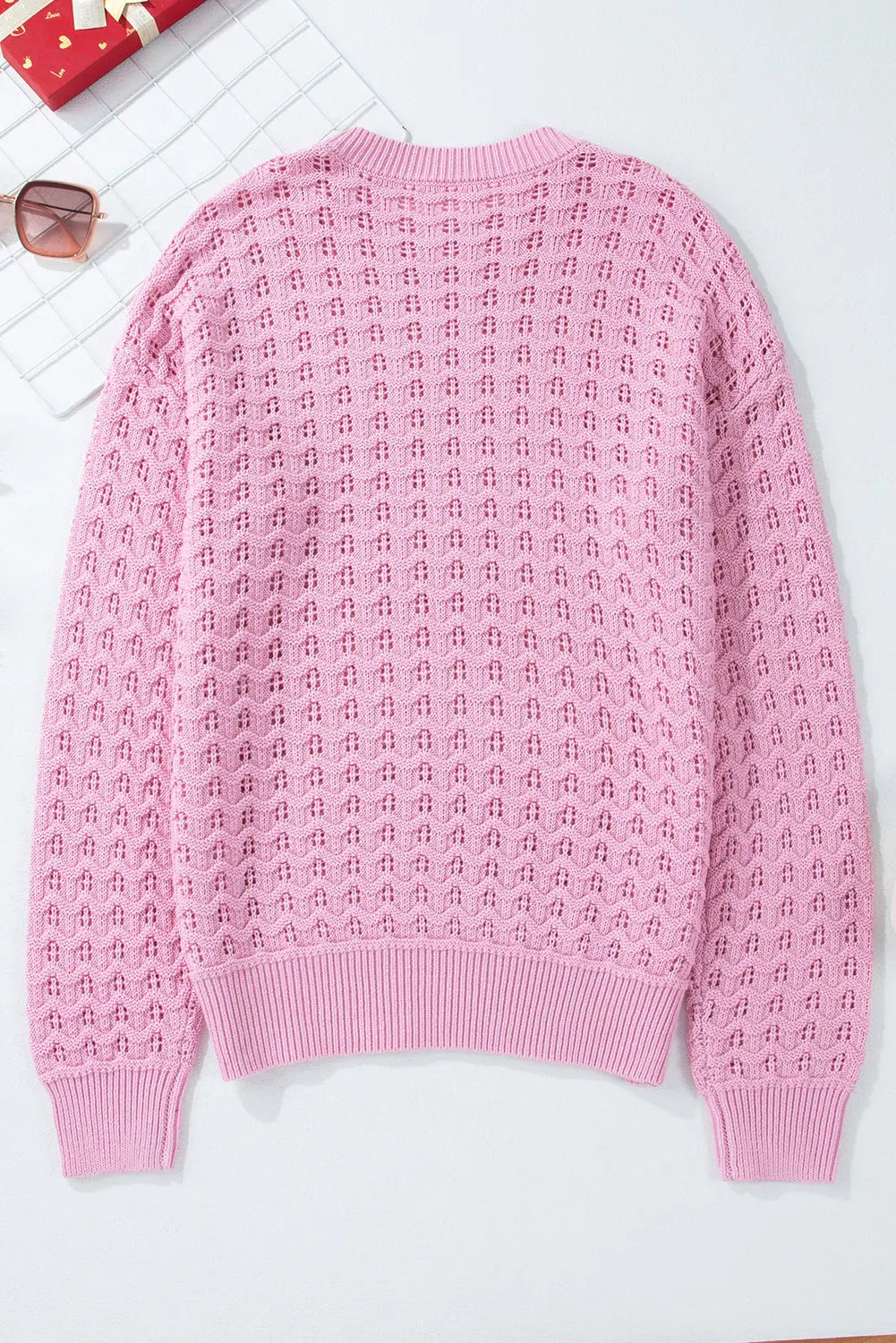 Pink Crochet Knit Drop Shoulder Sweater Beagle Boutique Fashion Outlet