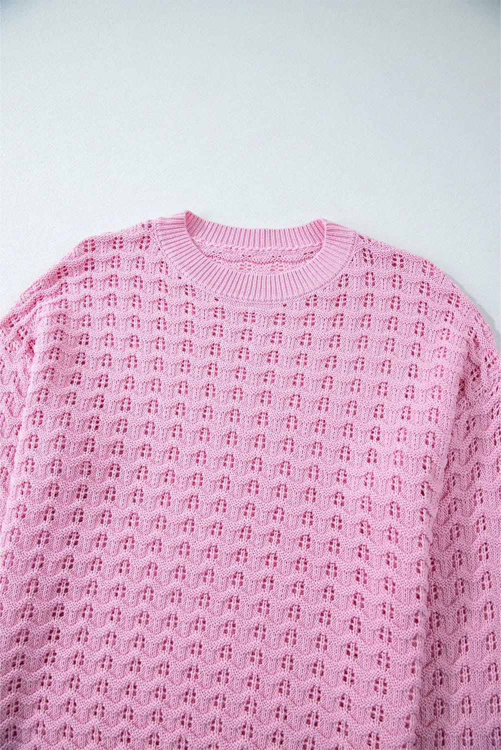 Pink Crochet Knit Drop Shoulder Sweater Beagle Boutique Fashion Outlet