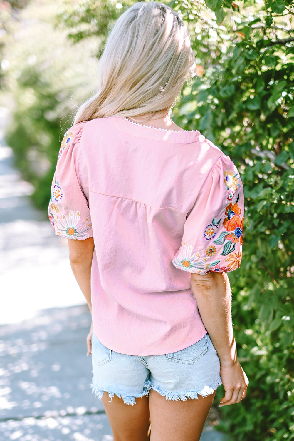 Pink Floral Embroidered Puff Sleeve Split Neck Blouse - eAura