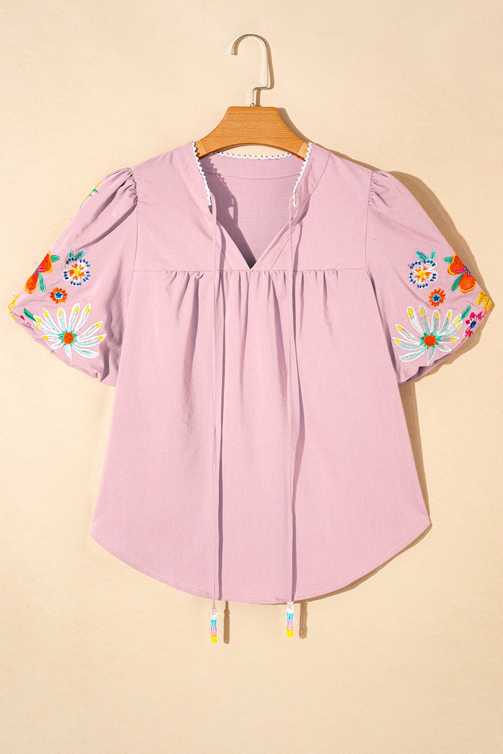 Pink Floral Embroidered Puff Sleeve Split Neck Blouse - eAura