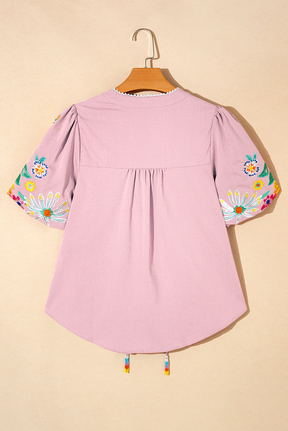 Pink Floral Embroidered Puff Sleeve Split Neck Blouse - eAura