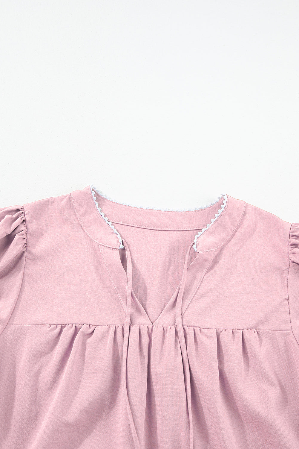 Pink Floral Embroidered Puff Sleeve Split Neck Blouse - eAura