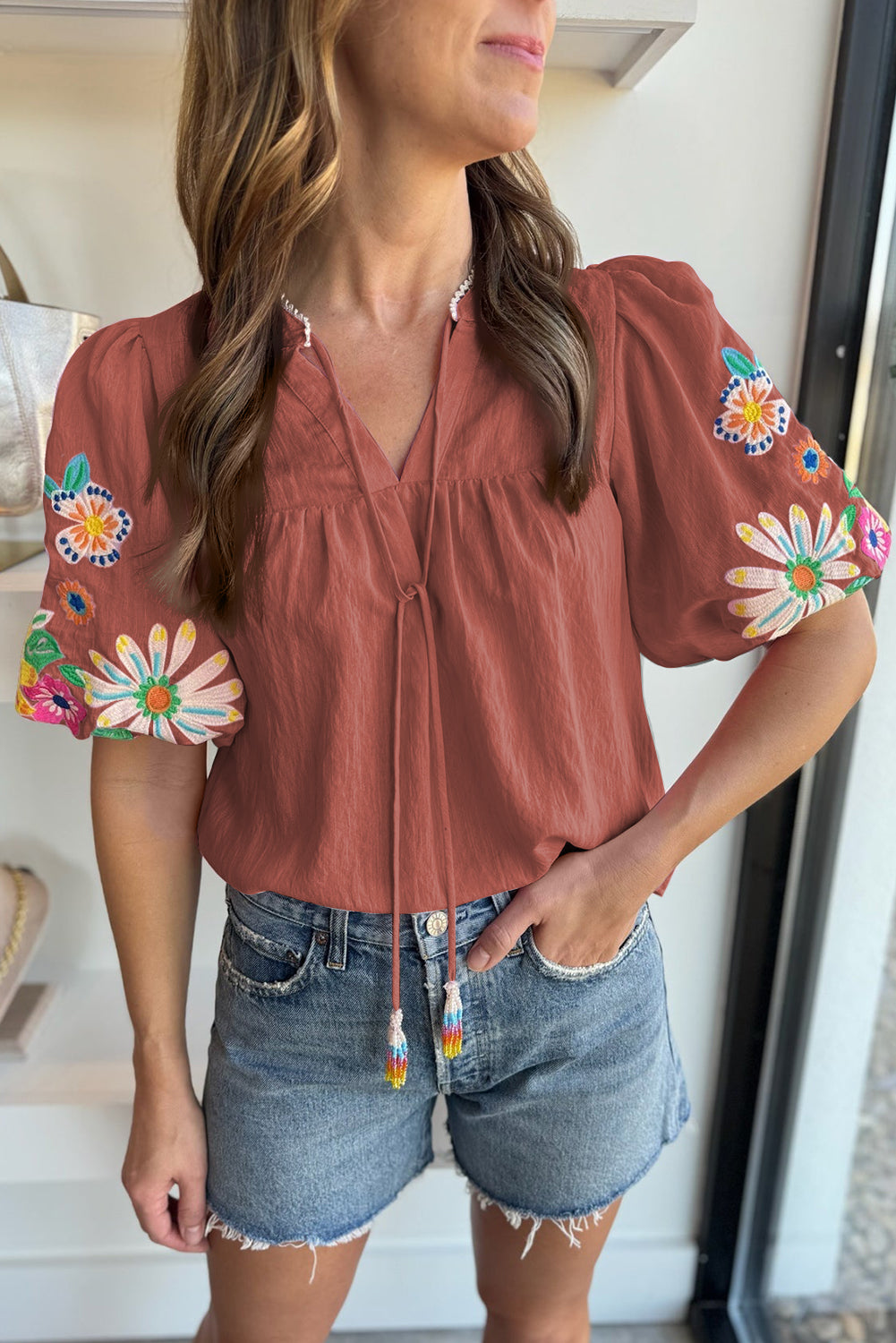 Pink Floral Embroidered Puff Sleeve Split Neck Blouse - eAura
