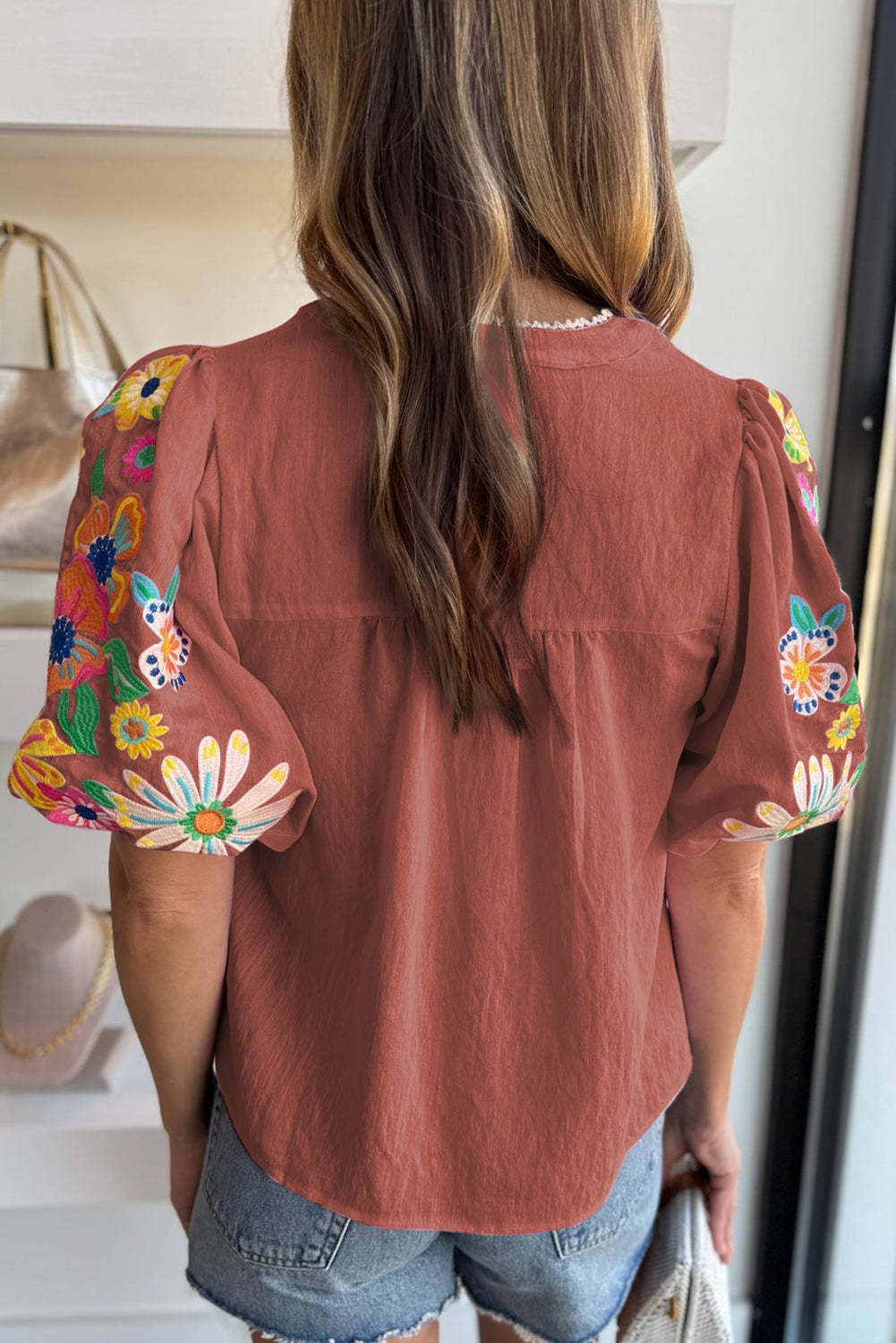 Pink Floral Embroidered Puff Sleeve Split Neck Blouse - eAura