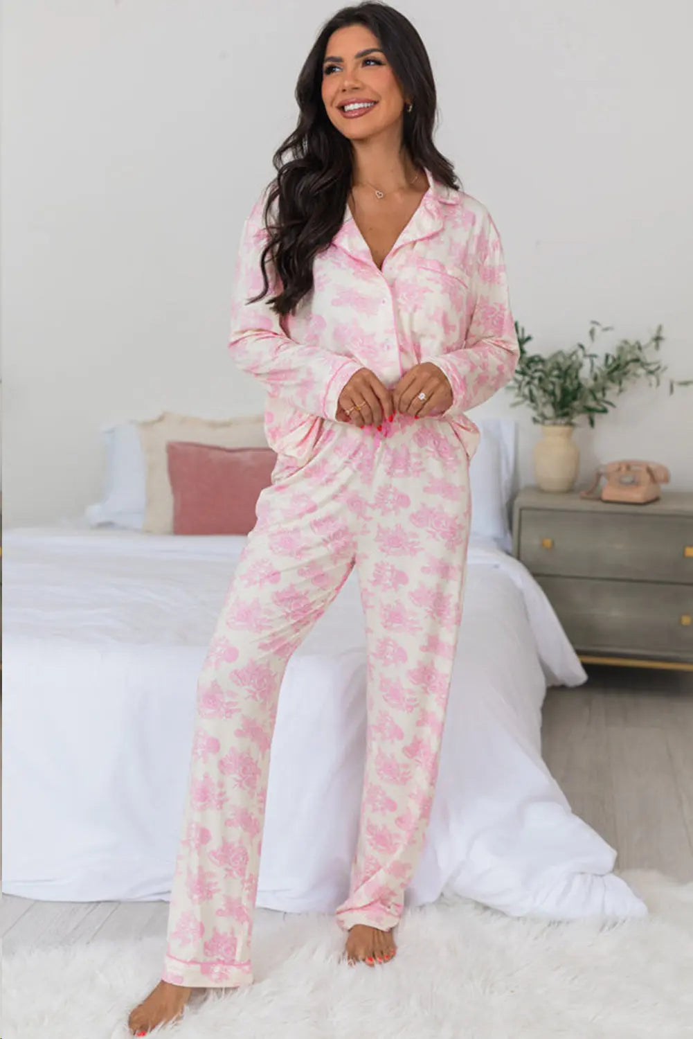Pink Floral Long Sleeve and Trousers Pyjamas Set eAura