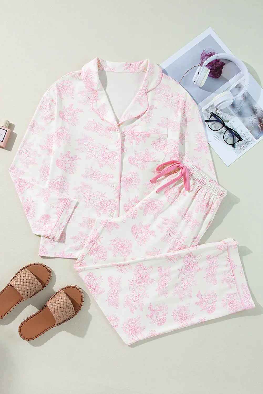 Pink Floral Long Sleeve and Trousers Pyjamas Set eAura