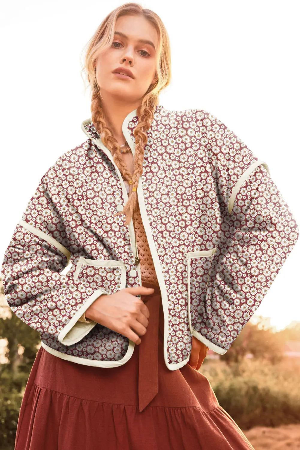 Pink Floral Print Contrast Edge Stand Neck Coat - eAura