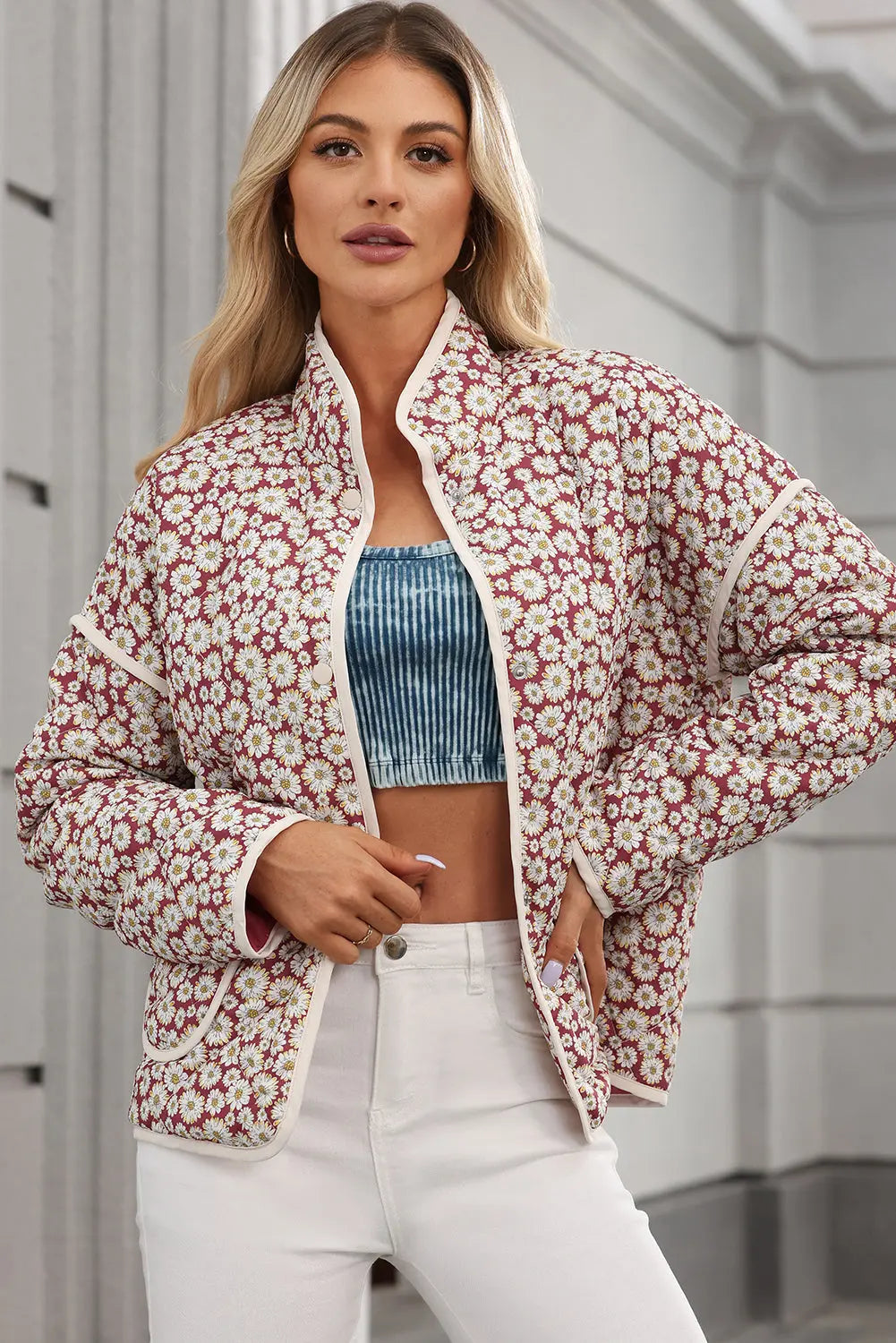 Pink Floral Print Contrast Edge Stand Neck Coat - eAura
