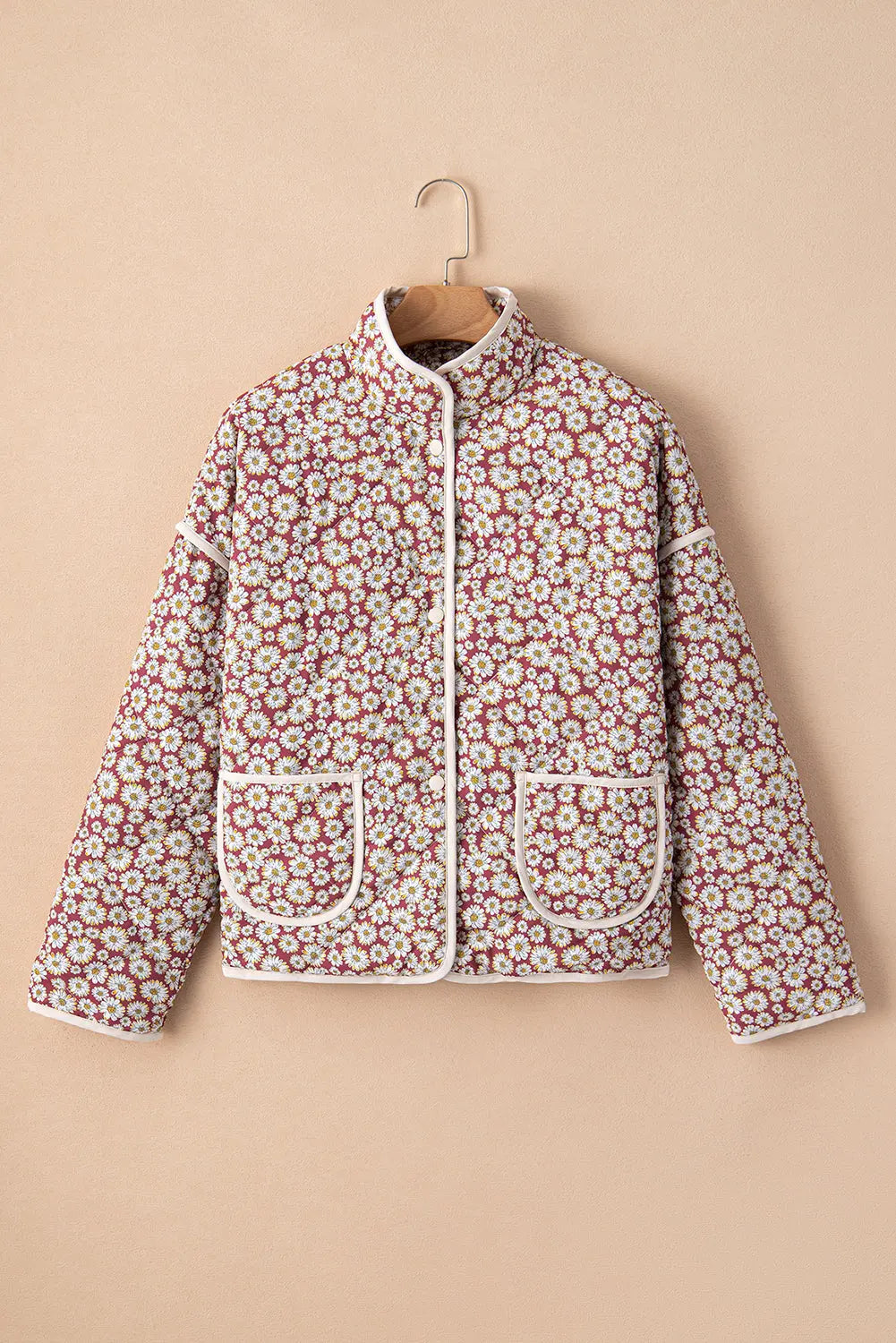 Pink Floral Print Contrast Edge Stand Neck Coat - eAura