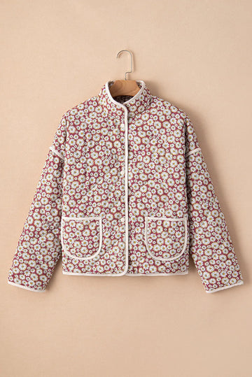 Pink Floral Print Contrast Edge Stand Neck Coat - Outerwear/Coats
