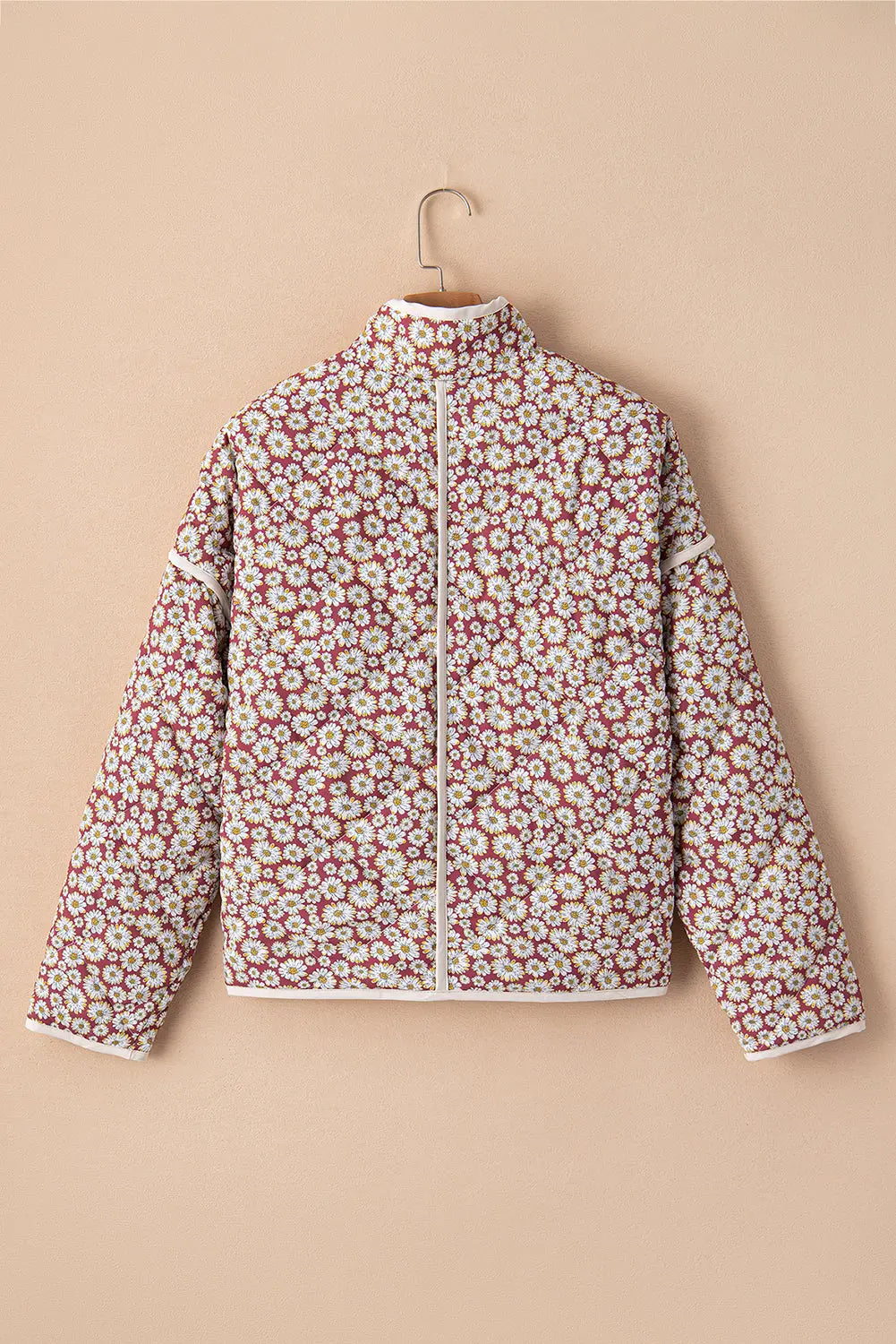 Pink Floral Print Contrast Edge Stand Neck Coat - eAura