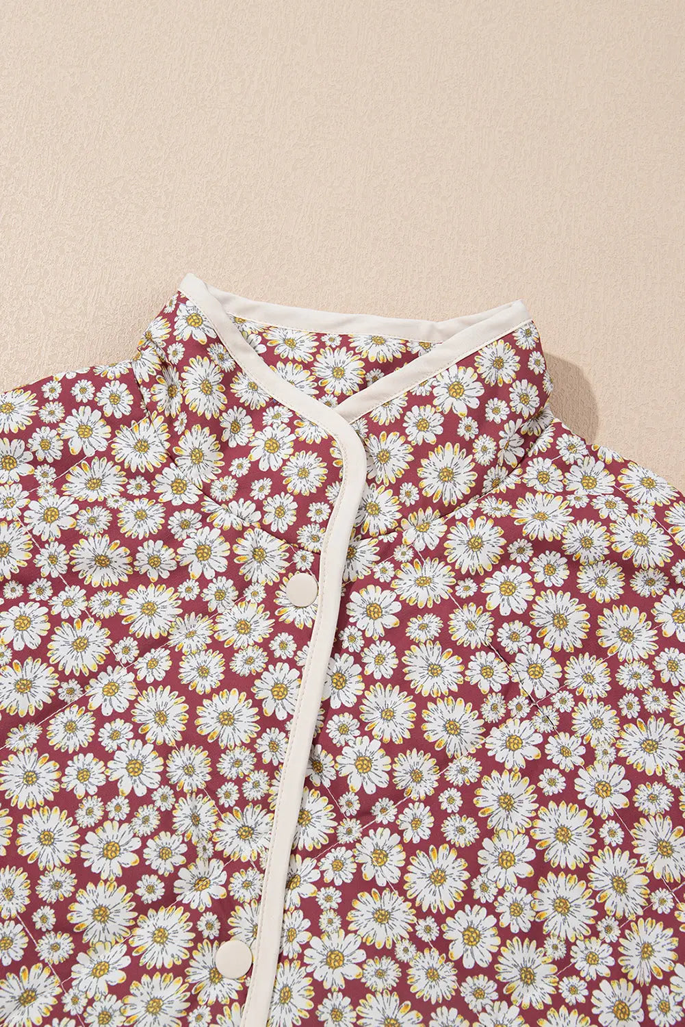 Pink Floral Print Contrast Edge Stand Neck Coat - eAura