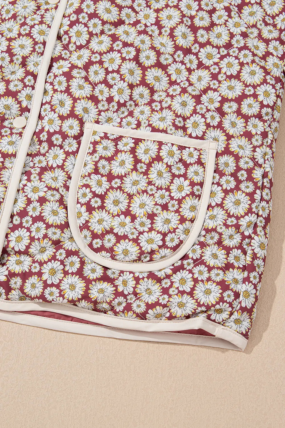 Pink Floral Print Contrast Edge Stand Neck Coat - eAura