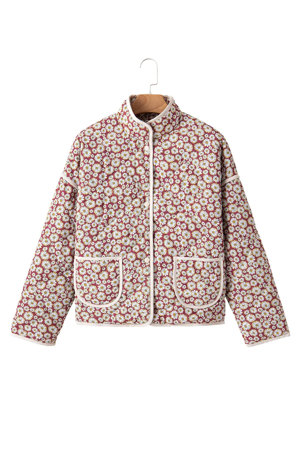 Pink Floral Print Contrast Edge Stand Neck Coat - eAura