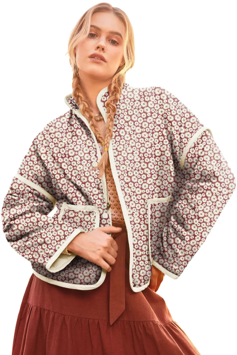 Pink Floral Print Contrast Edge Stand Neck Coat - eAura