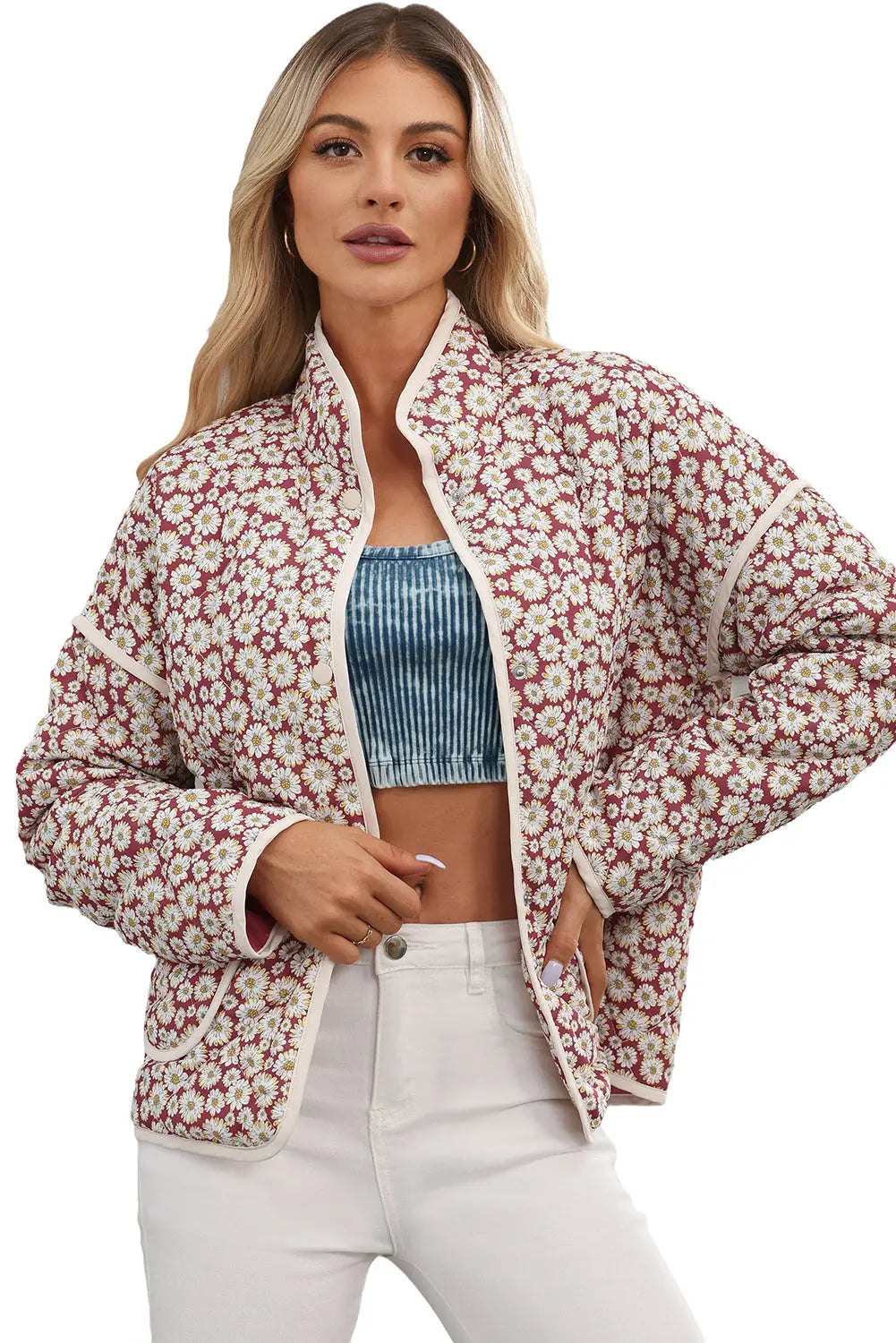 Pink Floral Print Contrast Edge Stand Neck Coat - eAura
