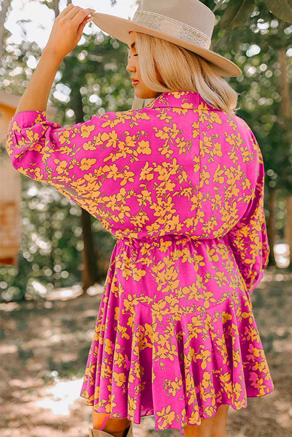 flowy short dresses Pink Floral Print Drawstring Tunic Flowy Short Dress