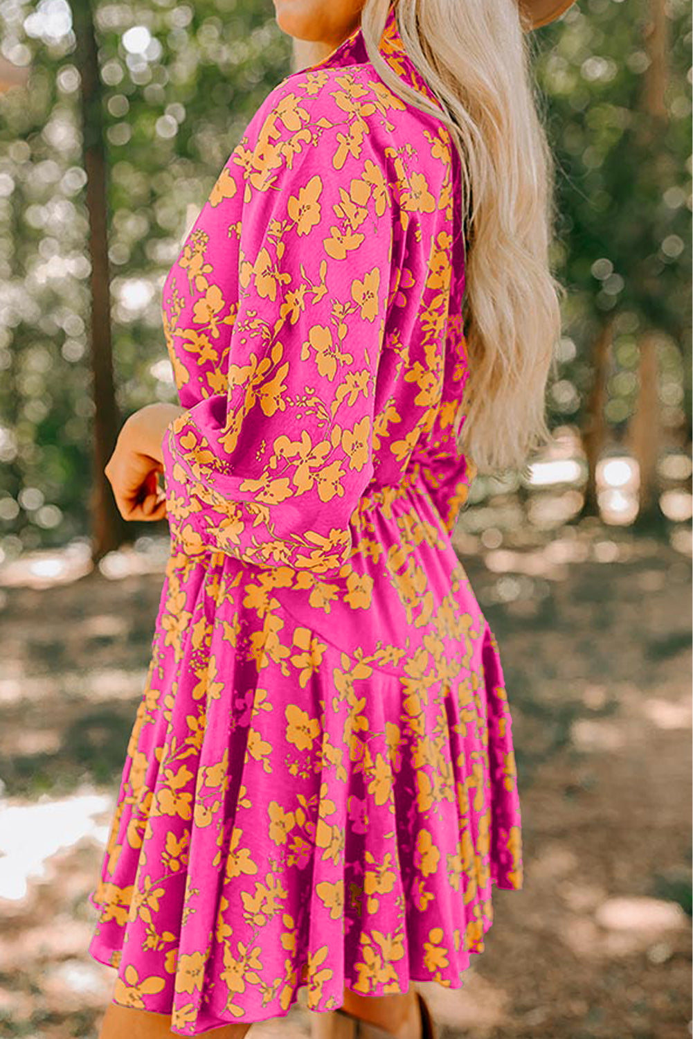Pink Floral Print Drawstring Tunic Flowy Short Dress - eAura